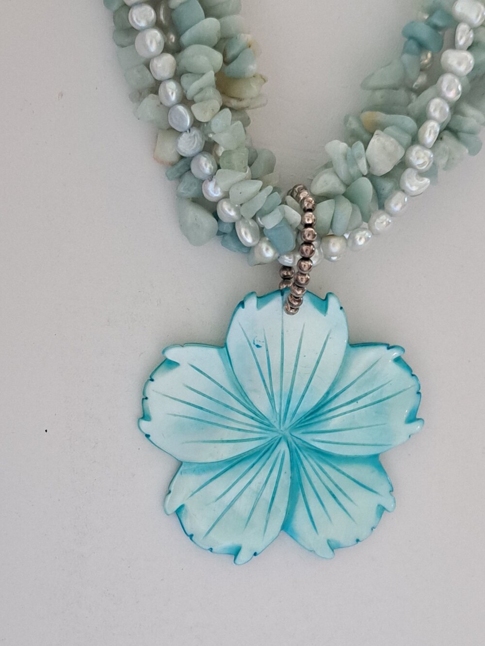 Blue Floral Pendant Necklace with Beaded Strand